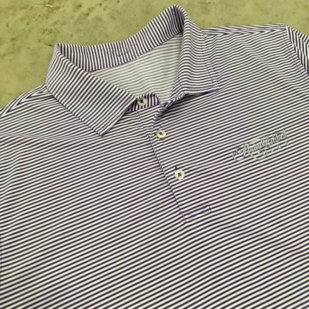 B Draddy Sport Men's Performance Golf Polo Purple Stripe Kiawah Island Golf Logo